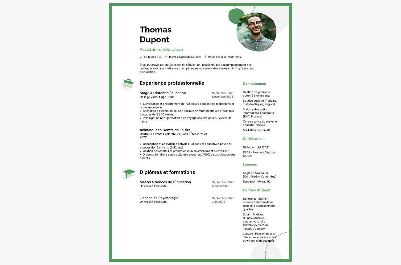 Exemple de CV pour un poste d'assistant d'éducation